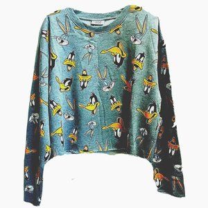 NWT Looney Tunes Cropped Gray Sweatshirt XL Crewneck Ragged Edge Long Sleeves